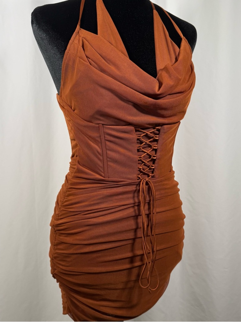 Oh Polly Rust Cowl Halter Lace-Up Ruched Mini Dress